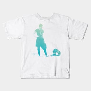 Woman And Dog At The Beach in Sky Kids T-Shirt